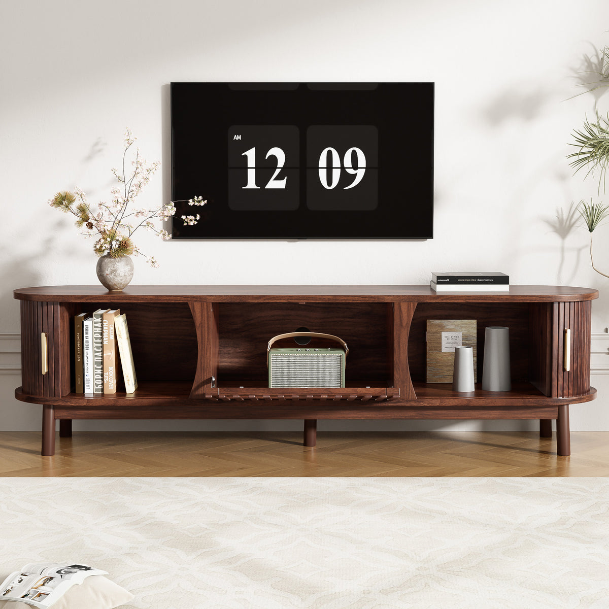 Modern farmhouse solid pine TV stand by Anthony & Home with sleek design and ample storage space.