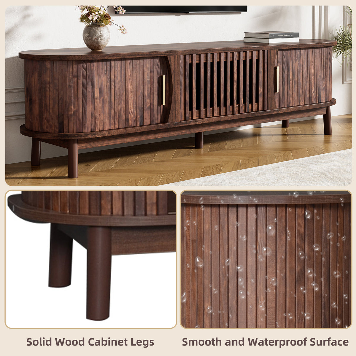 Modern farmhouse solid pine TV stand by Anthony & Home, featuring a rustic design with storage compartments and a sturdy build.