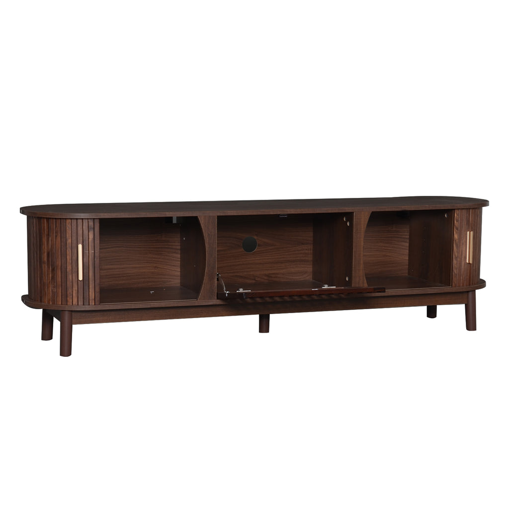 Modern farmhouse solid pine TV stand by Anthony & Home with open shelving and storage drawers, rustic wood finish.