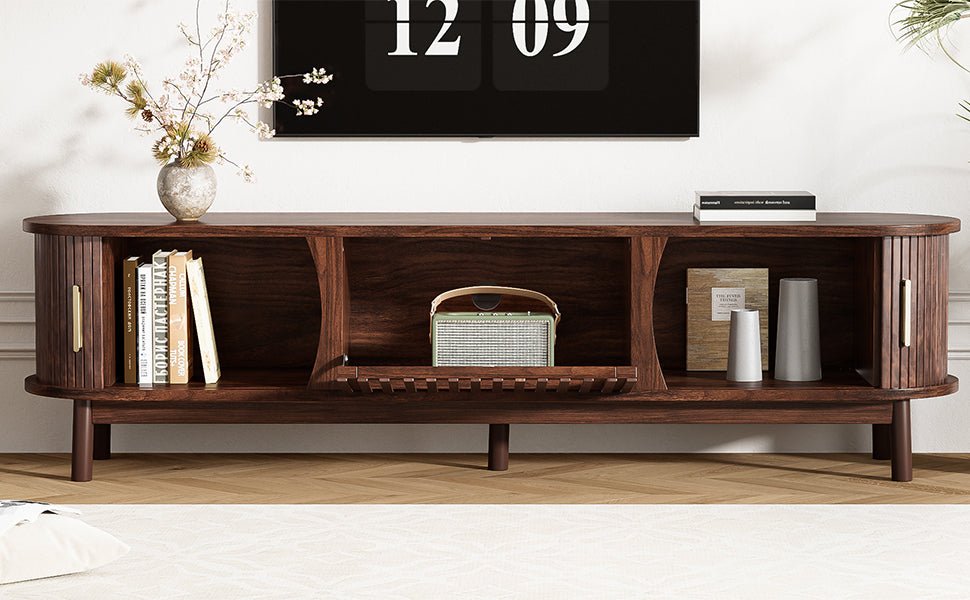 Modern farmhouse solid pine TV stand by Anthony & Home with open shelves and cabinet doors for TV storage.