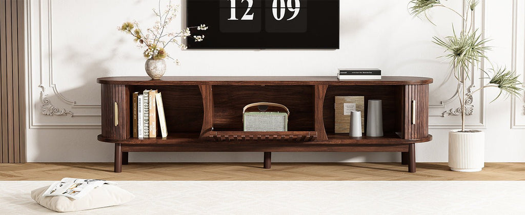 Modern farmhouse solid pine TV stand by Anthony & Home with spacious shelves and a rustic finish.