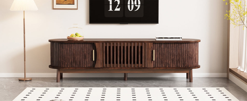 Modern farmhouse solid pine TV stand by Anthony & Home featuring a rustic design and ample storage space.