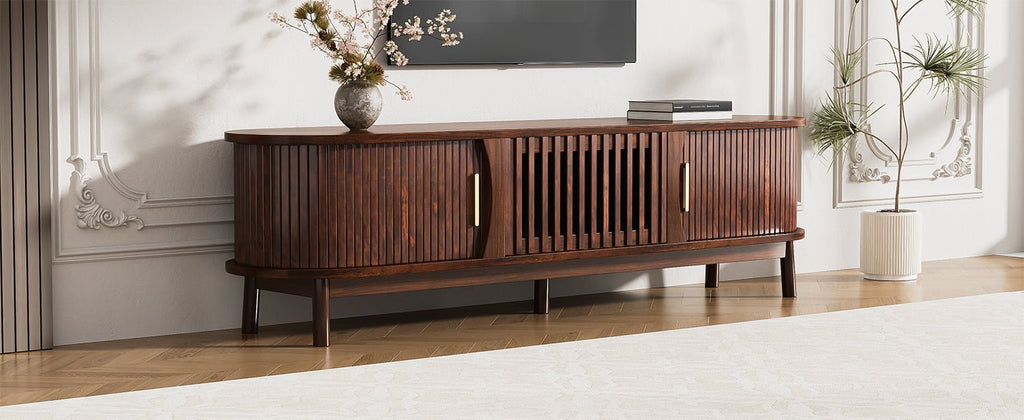 Modern farmhouse solid pine TV stand by Anthony & Home featuring a rustic design with open shelving and sturdy construction.