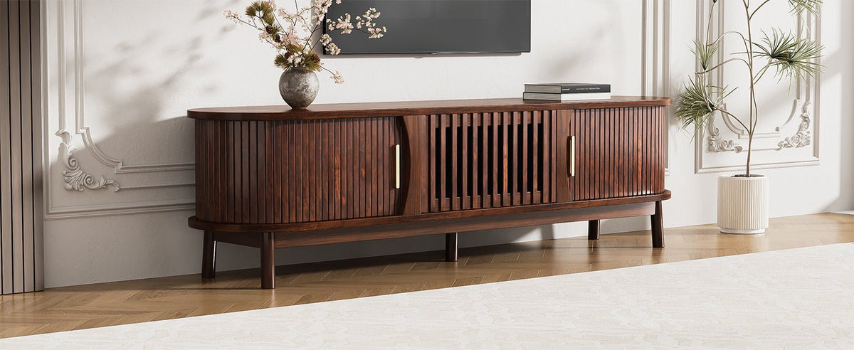 Modern farmhouse solid pine TV stand by Anthony & Home featuring a rustic design with open shelving and sturdy construction.