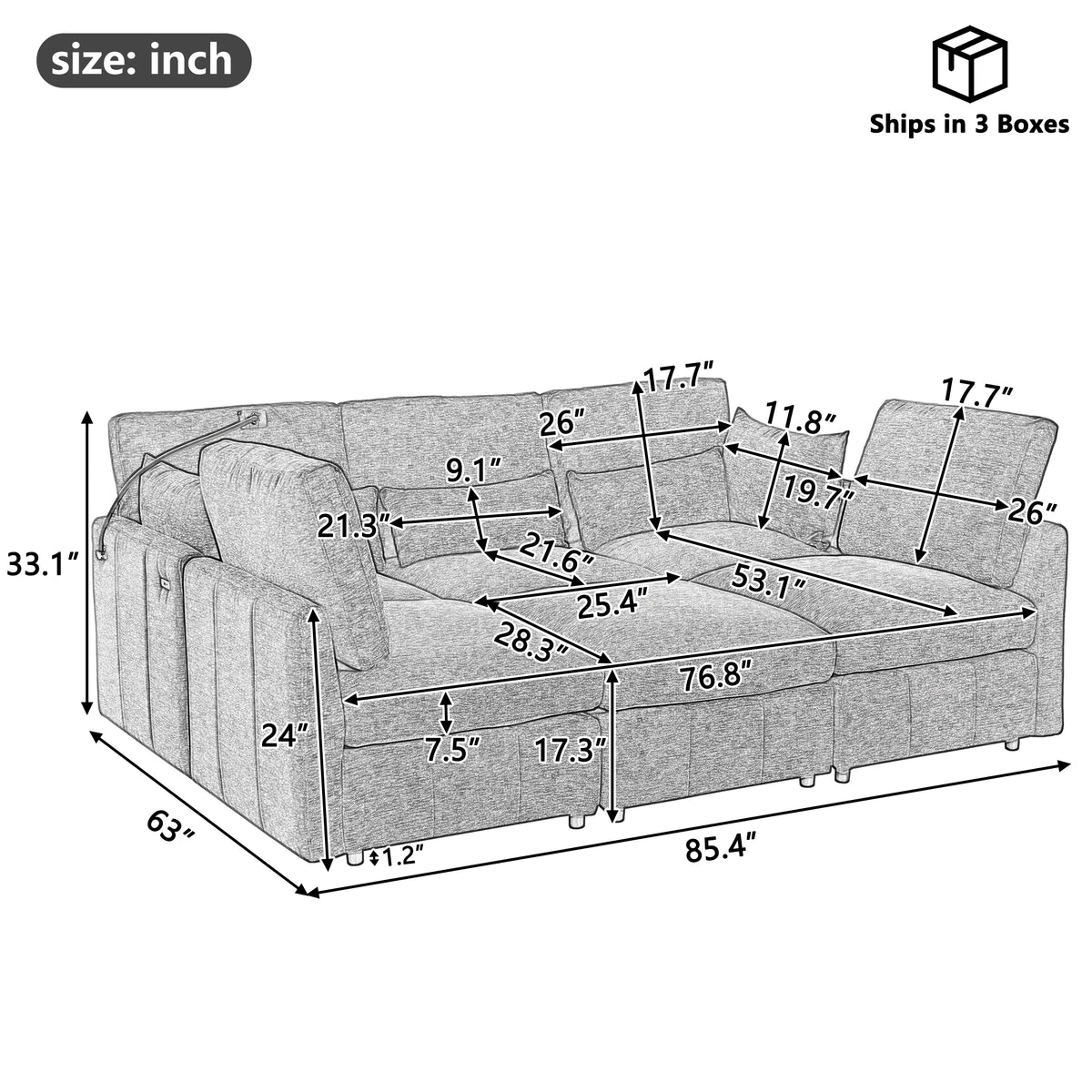 Anthony & Home modular sectional sofa from the Chenille Collection with a movable ottoman, showcasing plush fabric and modern design.