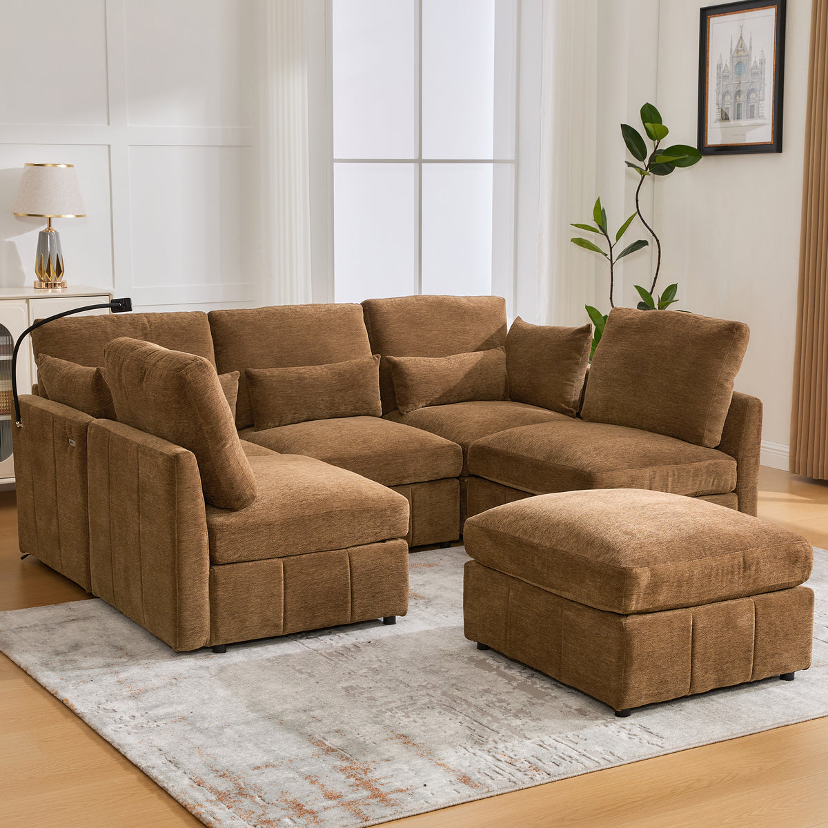 Anthony & Home modular sectional sofa with chenille fabric and movable ottoman in a limited edition signature design.