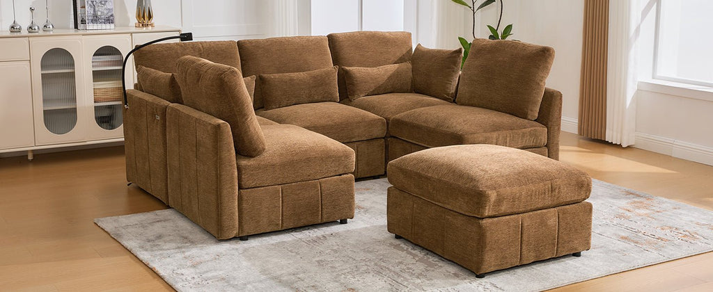 Anthony & Home modular sectional sofa in chenille with a movable ottoman, part of the limited edition Signature collection.