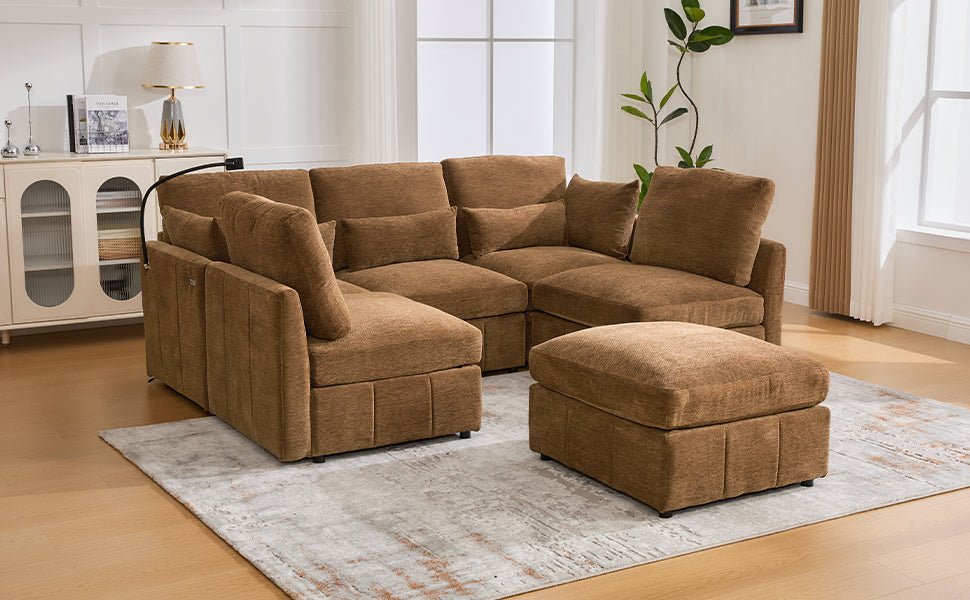 Anthony & Home Modular Chenille Sectional Sofa with movable ottoman, limited edition signature design, showcasing plush fabric and modern style.