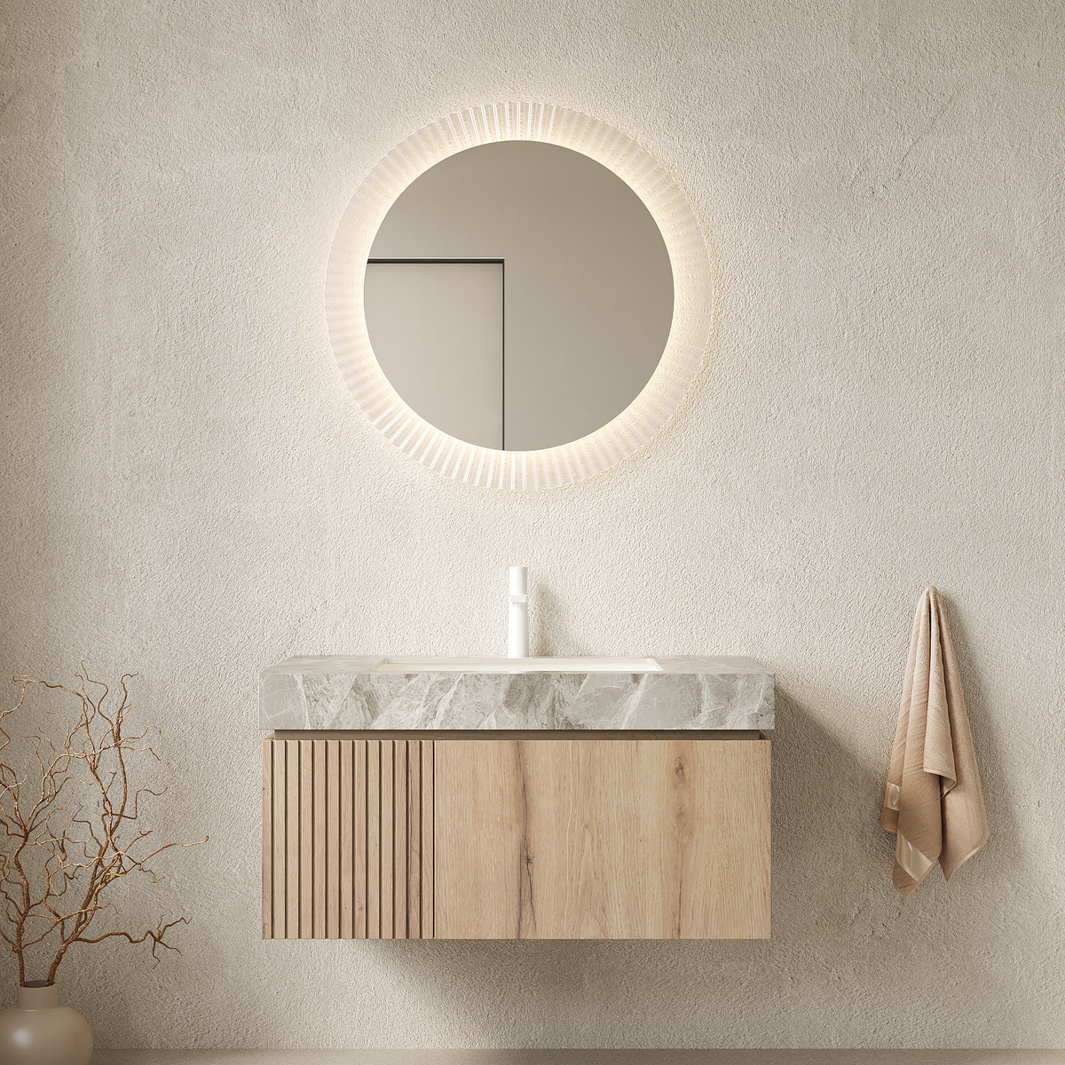 Anthony & Home Muri Atelier floating bathroom vanity with sleek design and sintered stone countertop, modern bathroom furniture.
