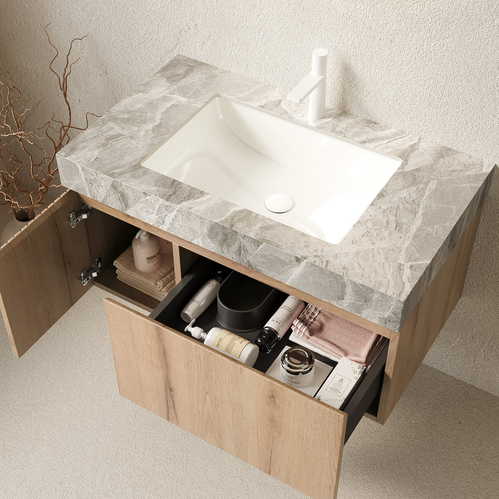 Anthony & Home Muri Atelier floating bathroom vanity with sintered stone countertop and sleek modern design.