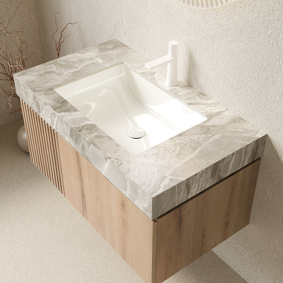Anthony & Home Muri Atelier floating bathroom vanity with sleek sintered stone countertop and modern design.