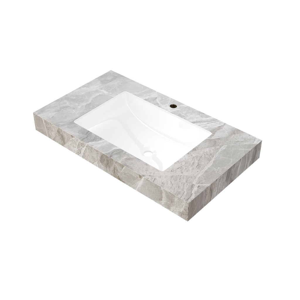 Muri light gray sintered stone countertop with ceramic basin by Anthony & Home, showing sleek modern design and smooth surfaces.