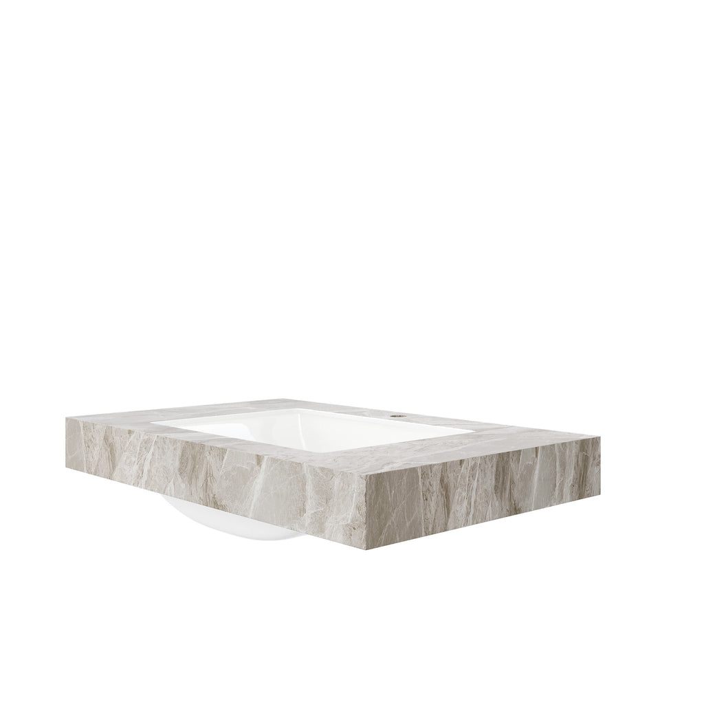 Muri light gray sintered stone countertop with ceramic basin by Anthony & Home, showcasing a sleek modern bathroom design.