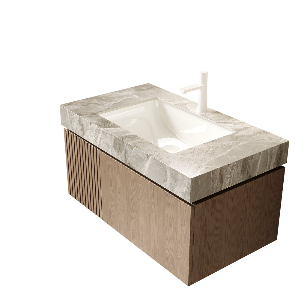 Muri Light Gray Sintered Stone countertop with ceramic basin by Anthony & Home, showcasing sleek modern kitchen design.