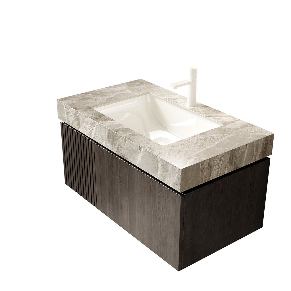 Muri light gray sintered stone countertop with ceramic basin by Anthony & Home, modern bathroom vanity setup.