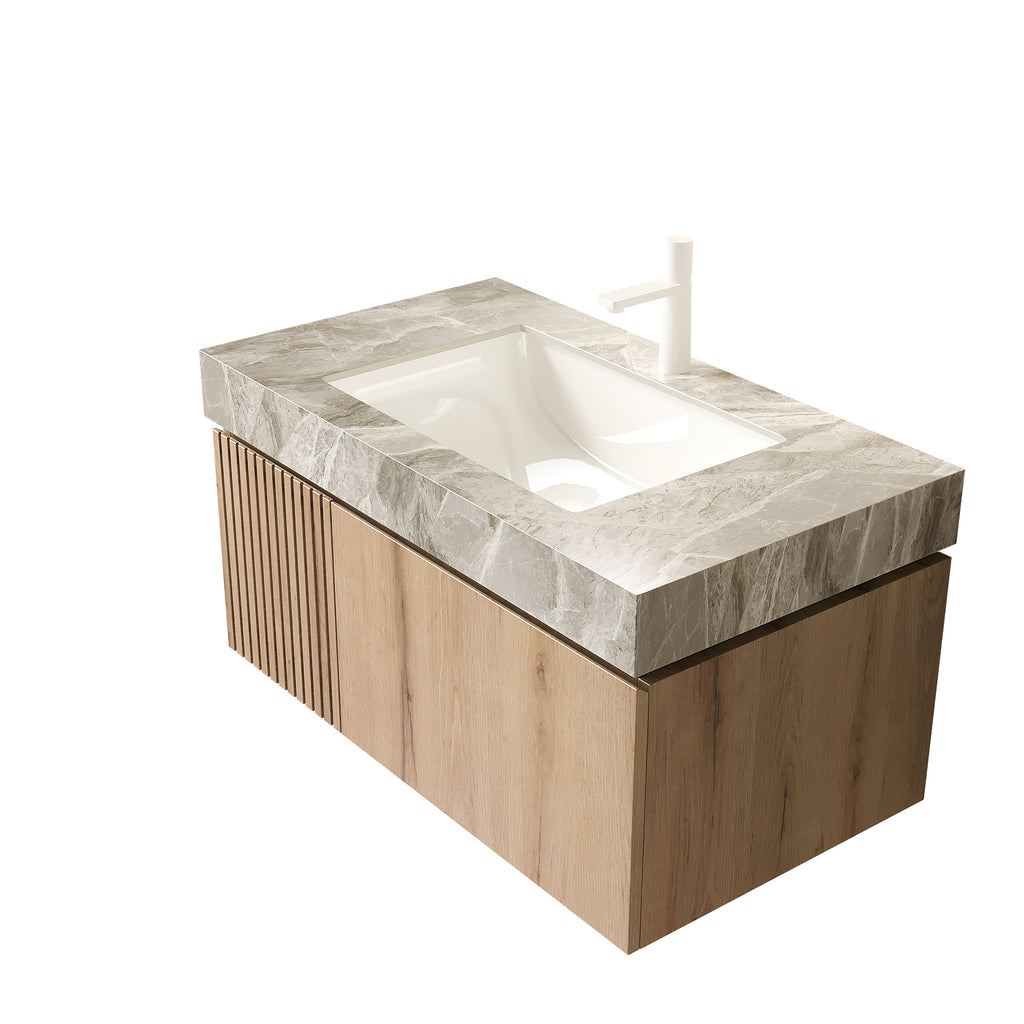 Muri light gray sintered stone countertop with ceramic basin by Anthony & Home, featuring a sleek, modern bathroom design.