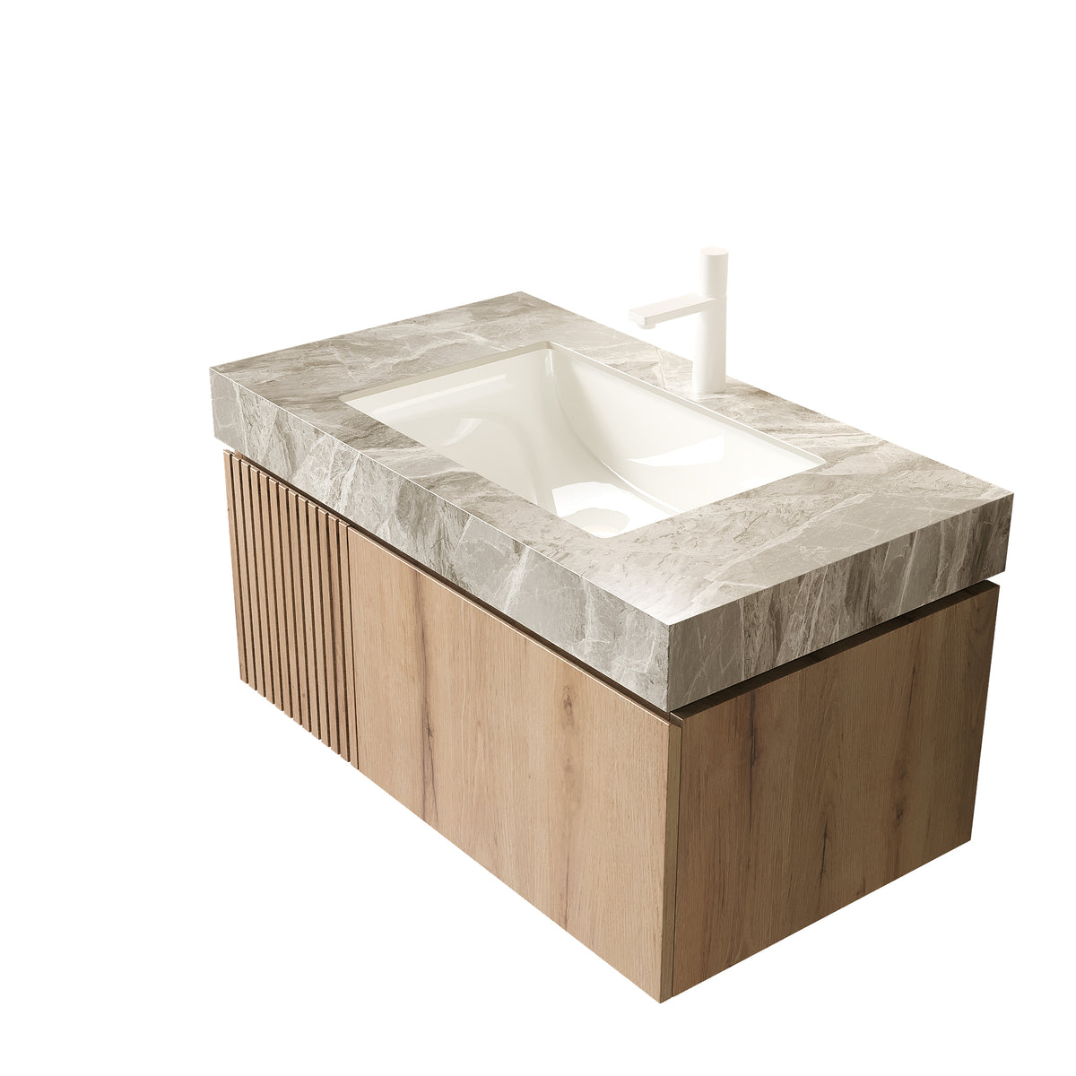 Muri light gray sintered stone countertop with ceramic basin by Anthony & Home, featuring a sleek, modern bathroom design.