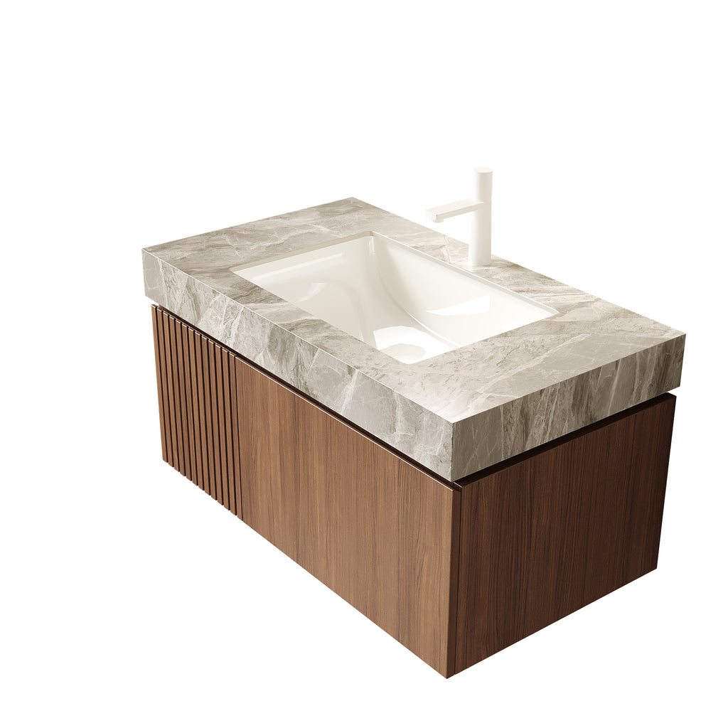 Muri light gray sintered stone countertop with ceramic basin by Anthony & Home, showcasing sleek, modern bathroom surface.