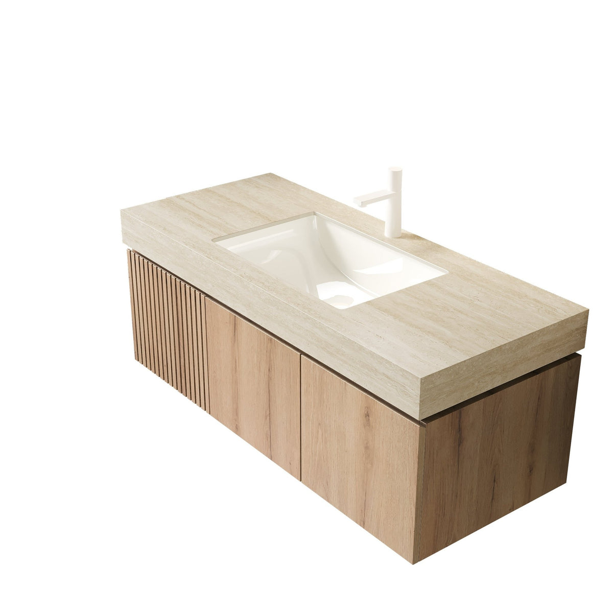 Anthony & Home Muri Roma travertine sintered stone countertop with integrated basin, showcasing a sleek, natural stone bathroom vanity.