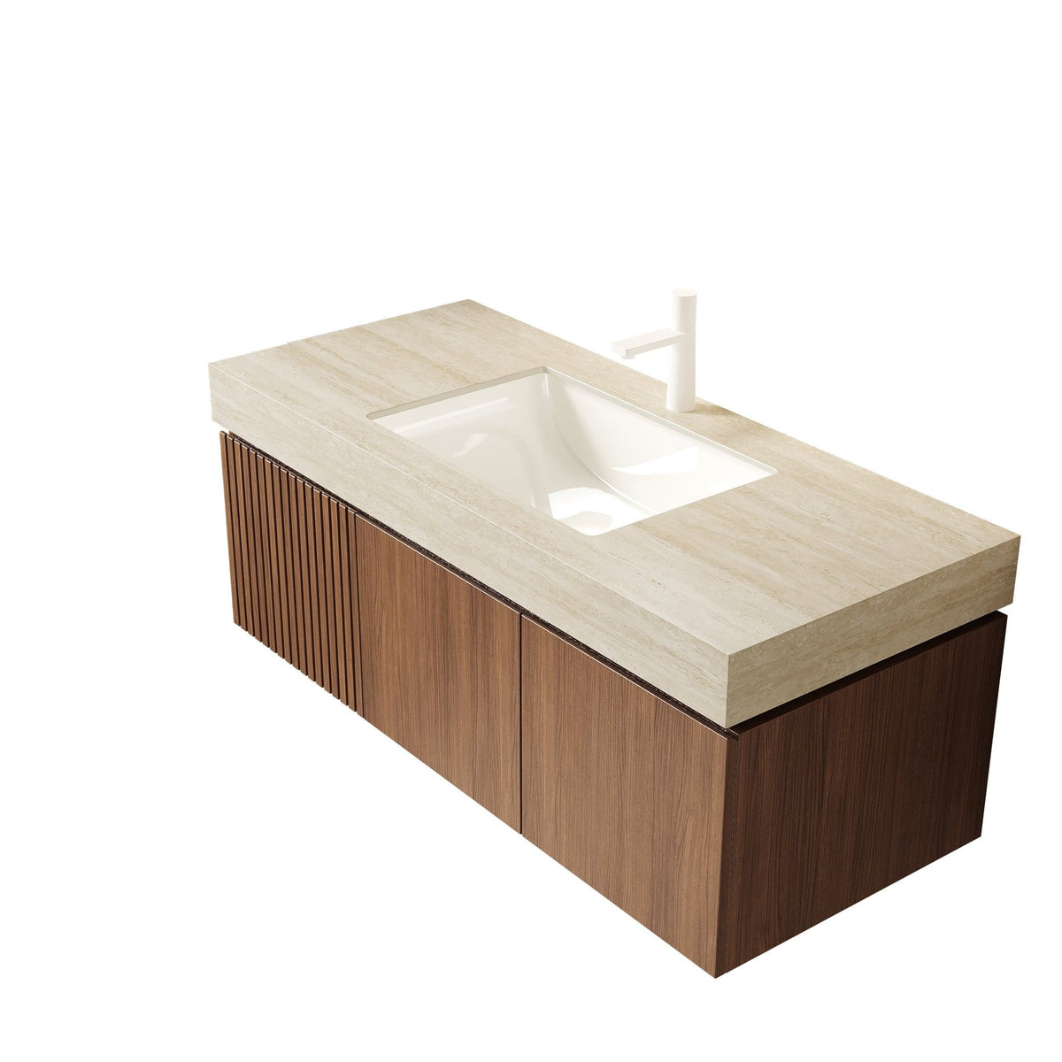 Anthony & Home Muri Roma travertine sintered stone countertop with integrated basin, showcasing a sleek, modern bathroom vanity setup.