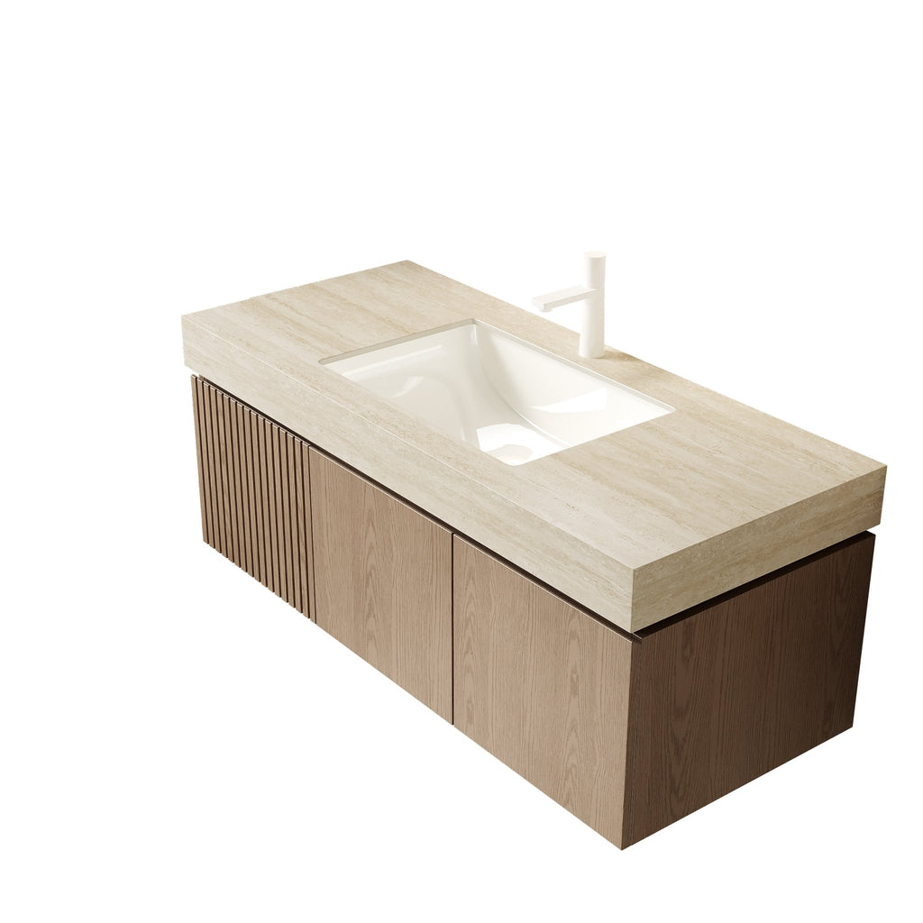 Anthony & Home Muri Roma travertine sintered stone countertop with integrated basin, showcasing a sleek, modern bathroom design.