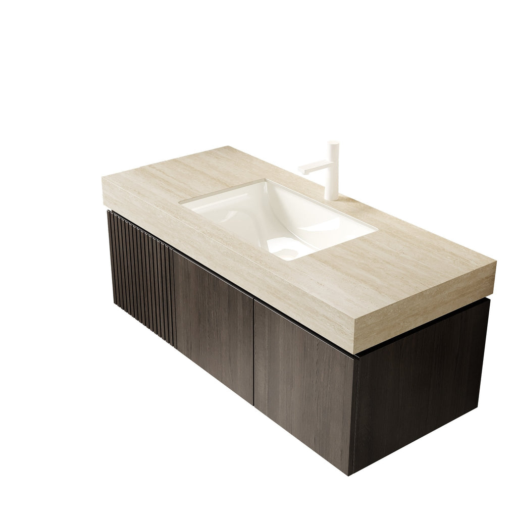 Anthony & Home Muri Roma travertine sintered stone countertop with integrated basin, showcasing natural stone texture and sleek design.