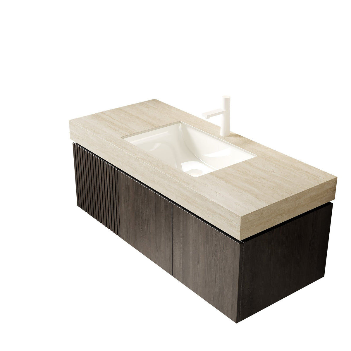 Anthony & Home Muri Roma travertine sintered stone countertop with integrated basin, showcasing natural stone texture and sleek design.
