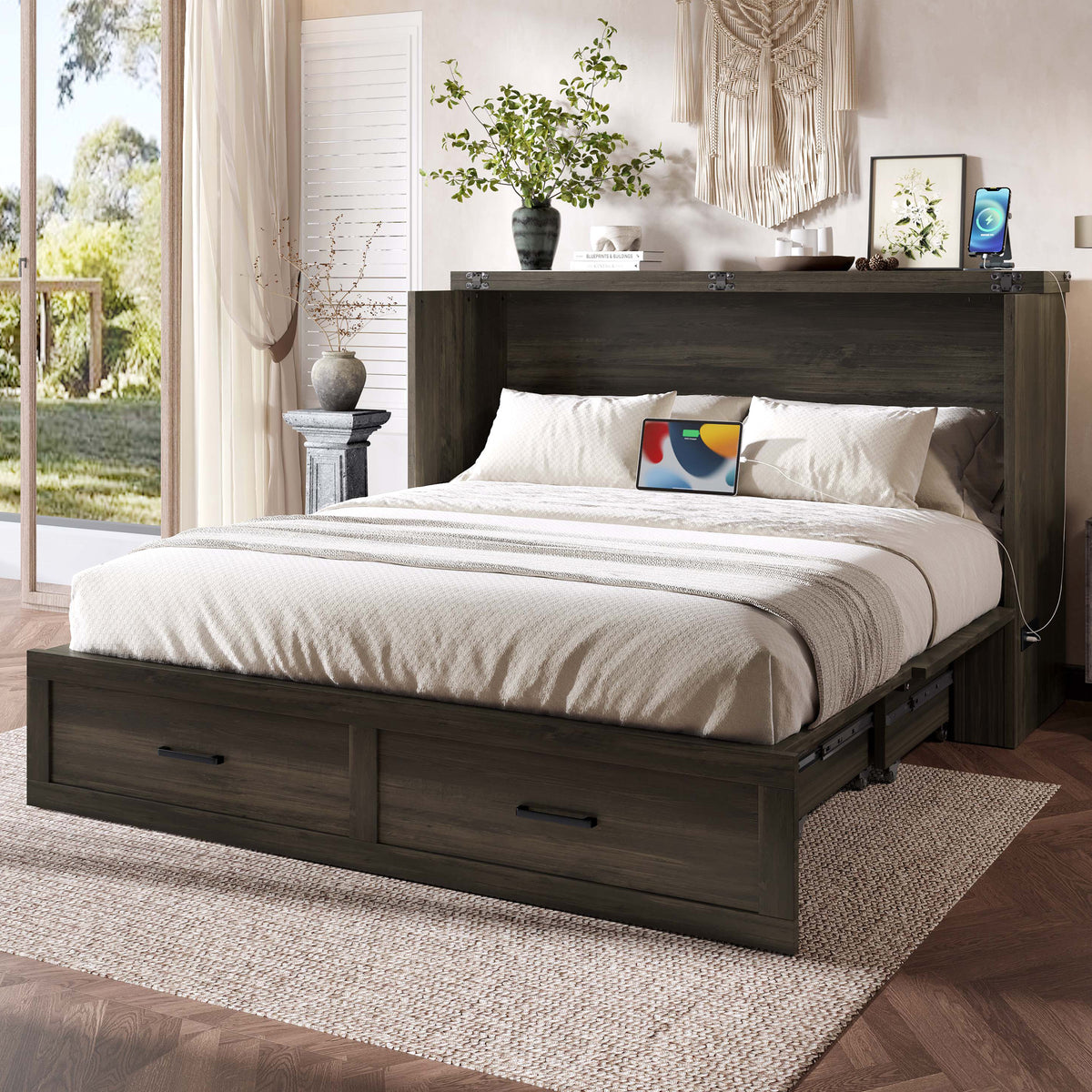 Rustic gray wood Murphy bed cabinet in Queen size from Anthony & Home, designed for studio space with a sleek, functional look.