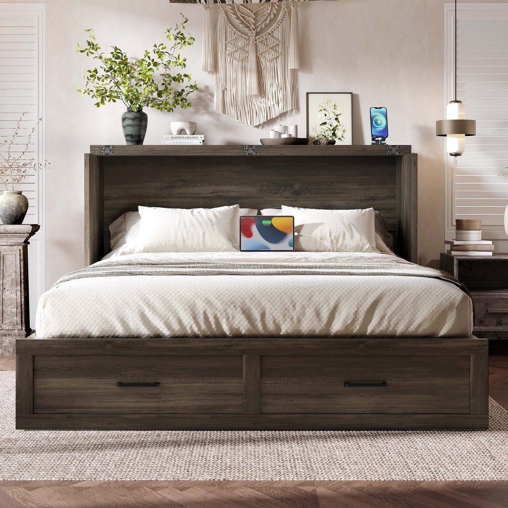 Rustic gray wood Murphy bed cabinet in queen size from Anthony & Home, shown in a studio setting with open cabinet doors.