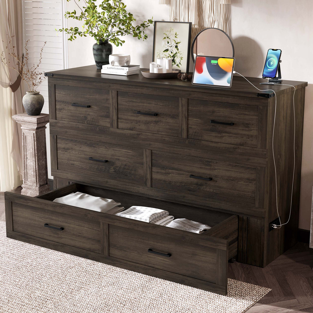 Rustic gray wood Murphy bed cabinet in queen size with built-in storage, from Anthony & Home, suitable for studio space.
