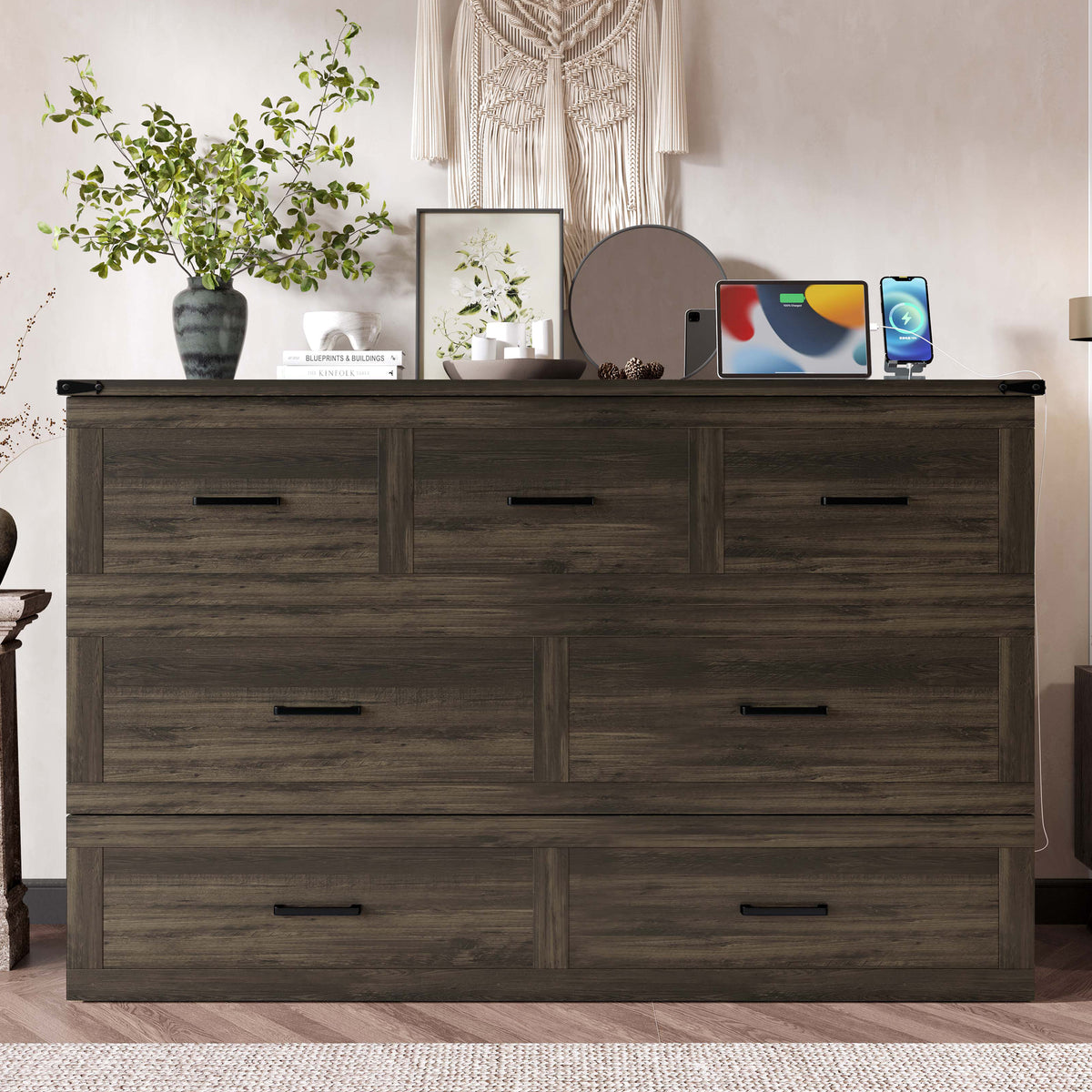 Rustic gray wood Murphy bed cabinet in queen size from Anthony & Home, shown in a compact studio setting.