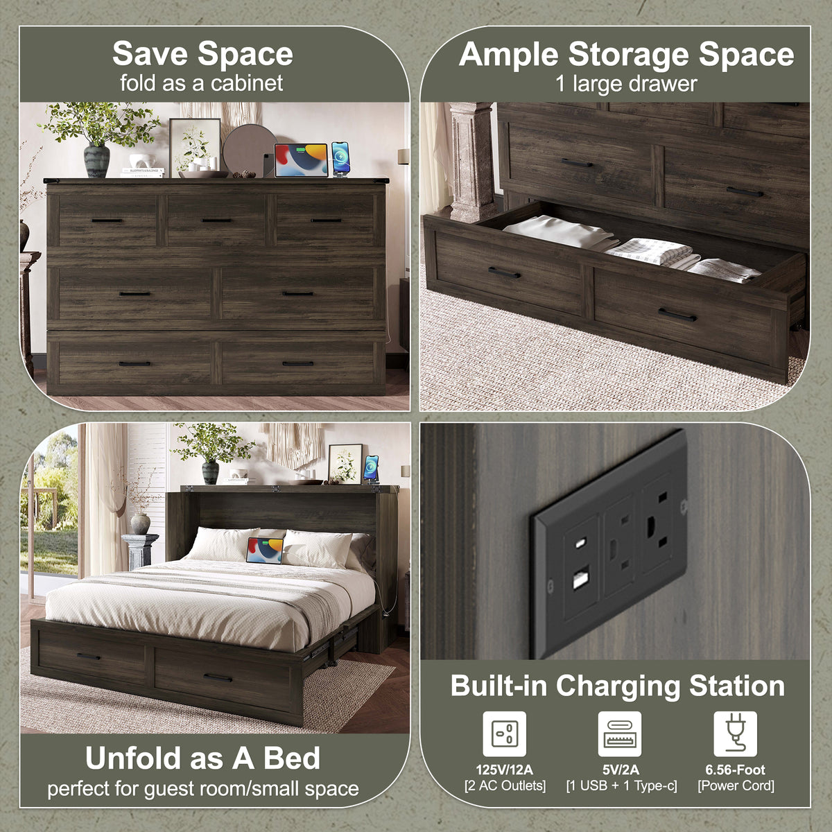 Rustic gray wood Murphy bed cabinet in queen size by Anthony & Home, shown in a modern studio setting.