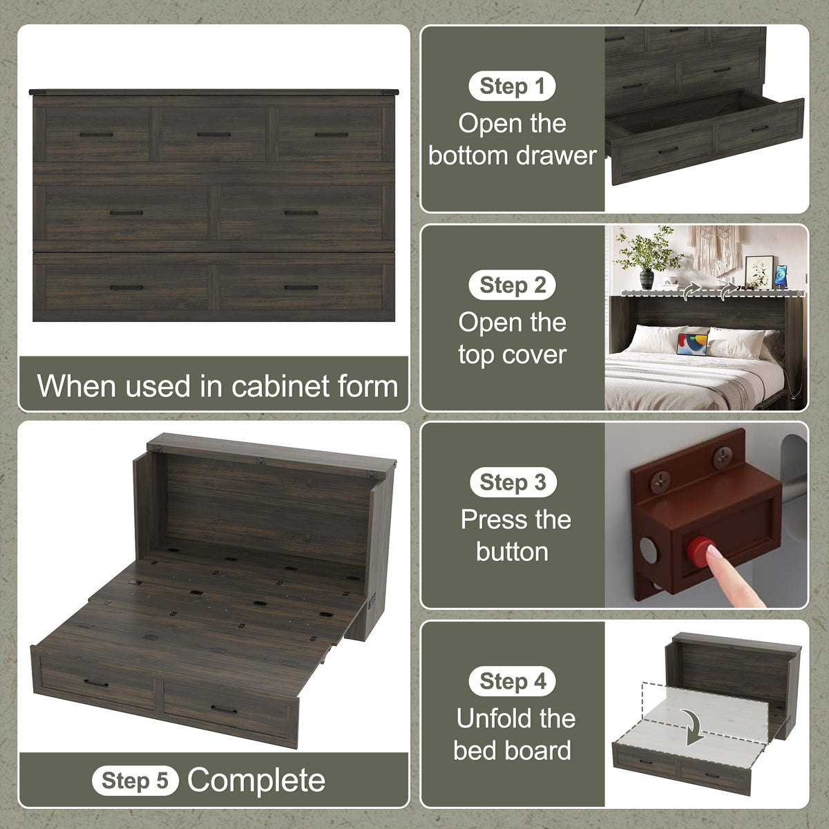 Rustic gray wood Murphy bed cabinet in queen size from Anthony & Home, designed for studio spaces with a sleek, space-saving look.