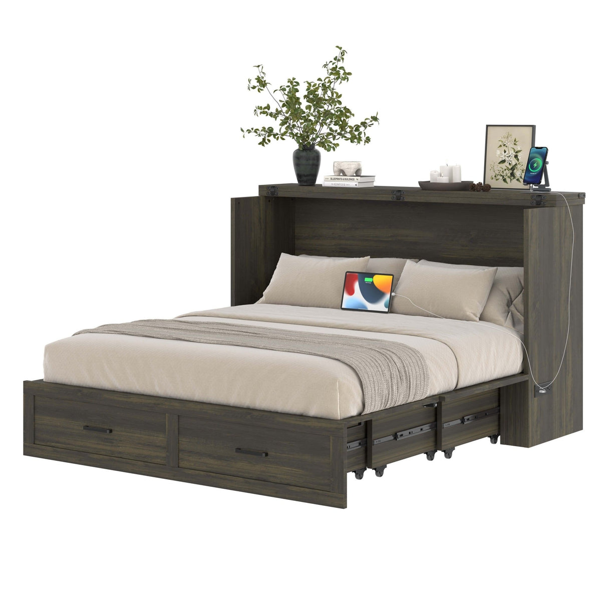 Rustic gray wood Murphy bed cabinet in queen size, Anthony & Home studio, featuring a stylish, space-saving design with built-in storage.