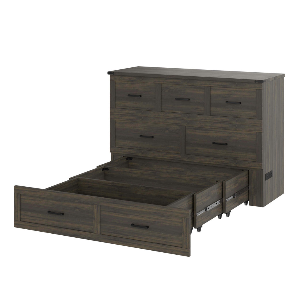 Rustic gray wood Murphy bed cabinet in queen size, Anthony & Home studio, featuring a compact fold-down bed and storage cabinet design.