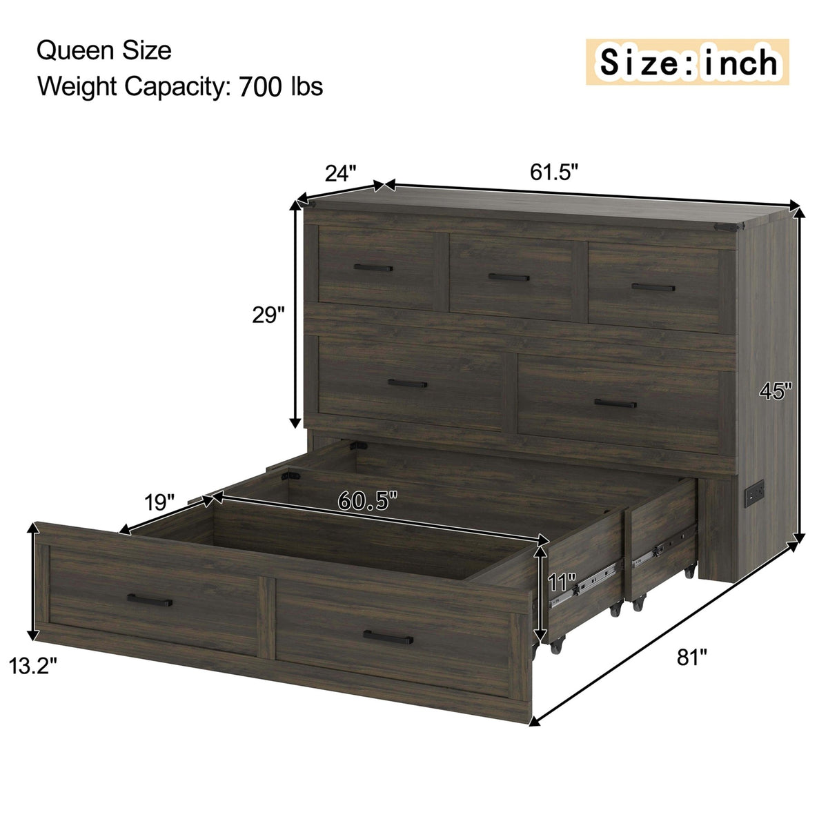 Rustic gray wood Murphy bed cabinet in queen size from Anthony & Home, featuring a stylish and functional studio furniture design.