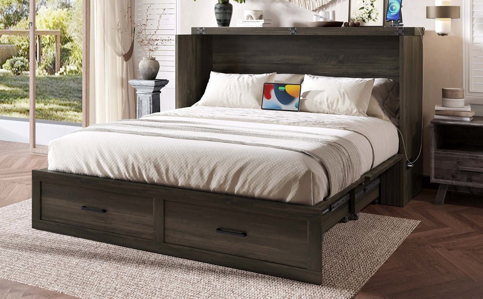 Rustic gray wood Murphy bed cabinet in queen size with storage, designed by Anthony & Home for compact studio spaces.
