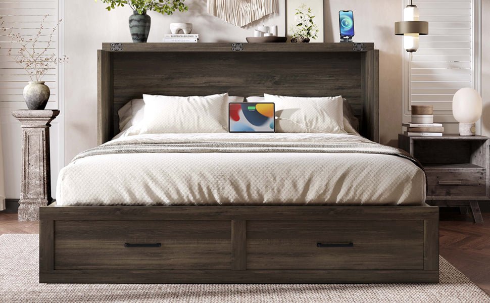 Rustic gray wood Murphy bed cabinet in queen size, Anthony & Home studio, featuring a compact, stylish design for space-saving comfort.