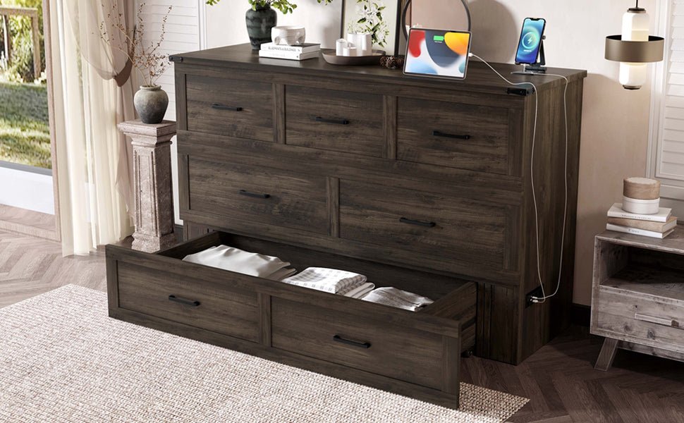 Rustic gray wood Murphy bed cabinet in queen size, Anthony & Home studio, showcasing a compact space-saving design with a modern look.