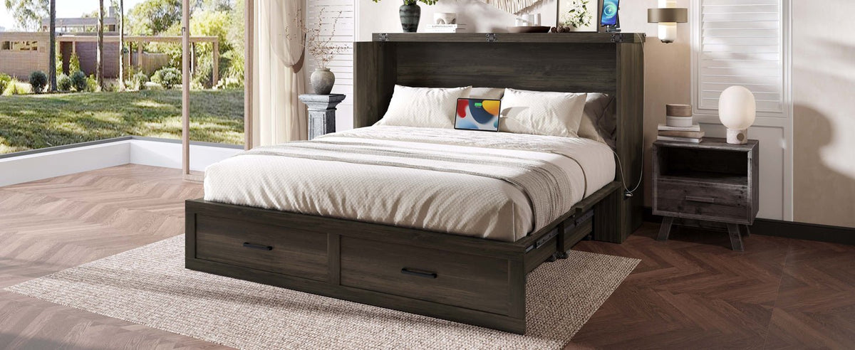 Rustic gray wood Murphy bed cabinet in queen size by Anthony & Home, shown in a compact studio setting with a modern design.