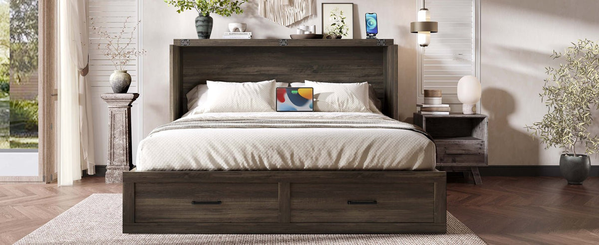Rustic gray wood Murphy bed cabinet in queen size from Anthony & Home, designed for studio spaces with a sleek, functional look.