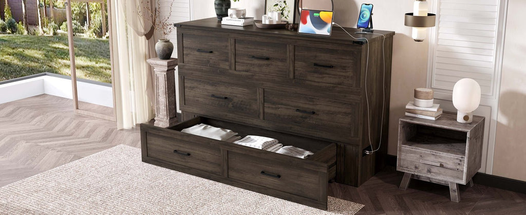 Rustic gray wood Murphy bed cabinet in queen size from Anthony & Home, shown closed in a cozy studio setting.
