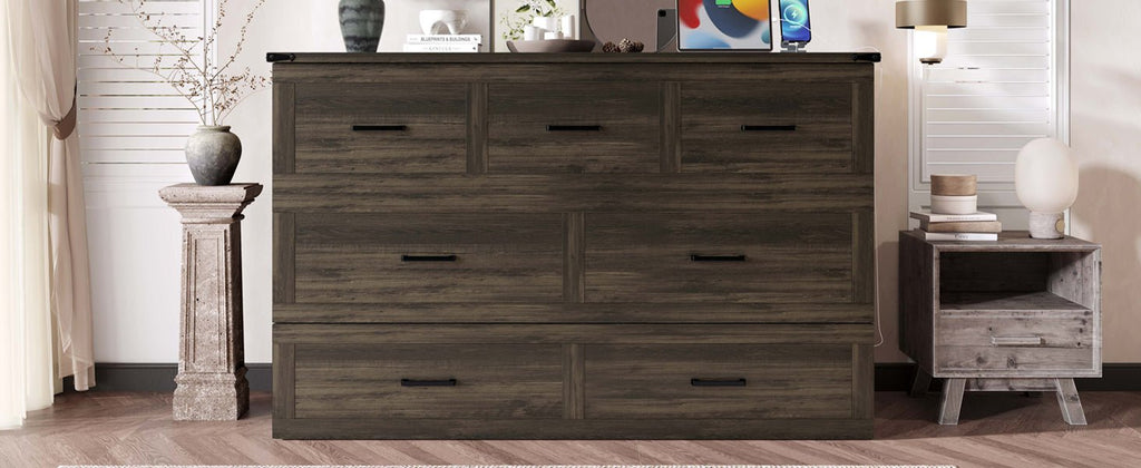 Rustic gray wood Murphy bed cabinet in queen size by Anthony & Home, shown in a studio room setting.