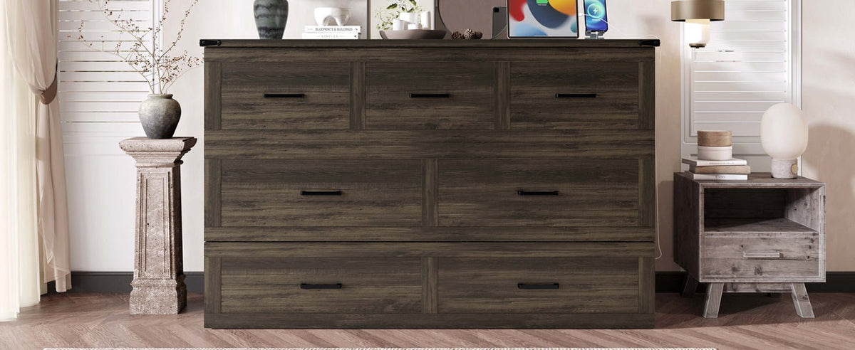 Rustic gray wood Murphy bed cabinet in queen size by Anthony & Home, shown in a studio room setting.