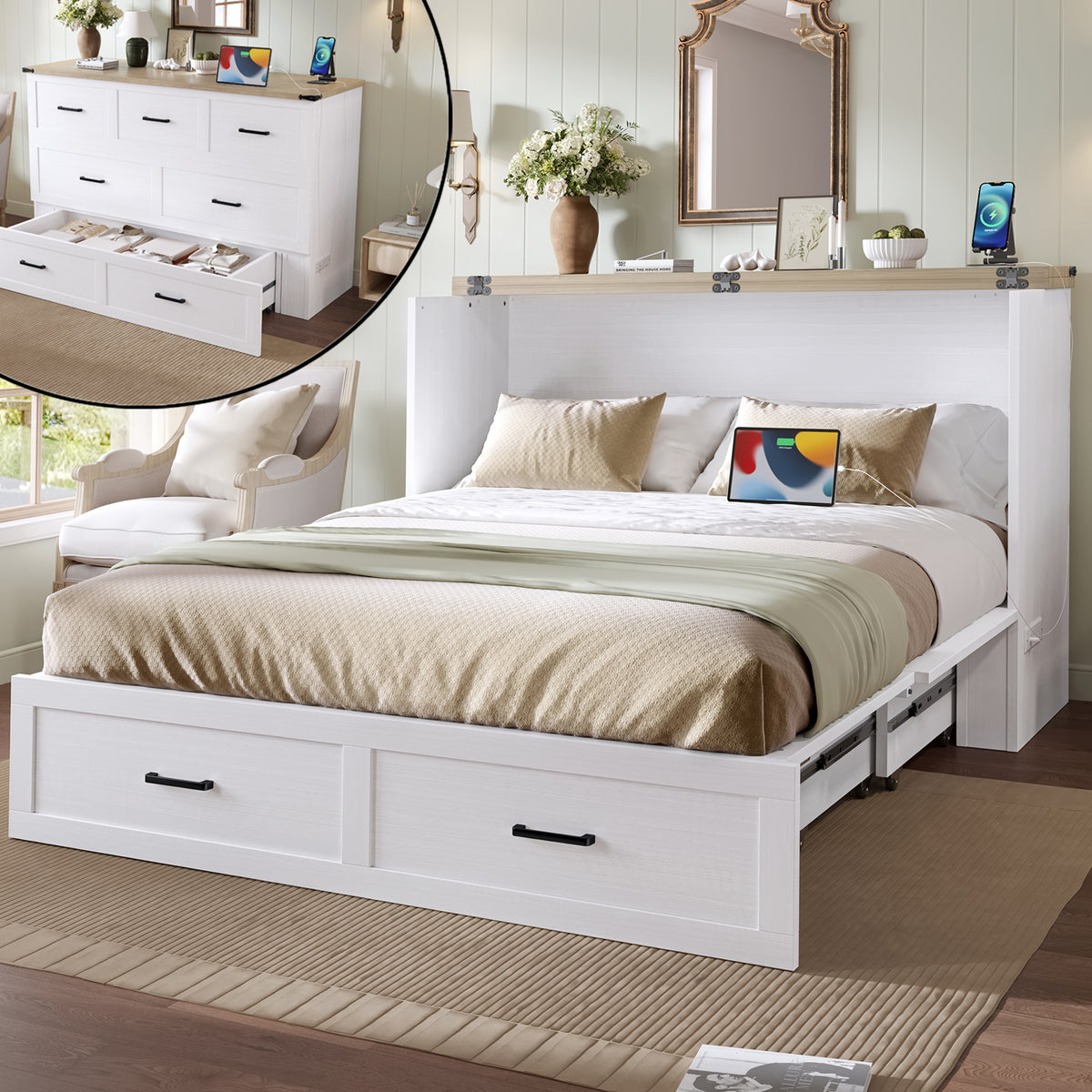 White Murphy bed cabinet from Anthony & Home's Elite Collection, designed for queen size beds with a sleek, modern finish.