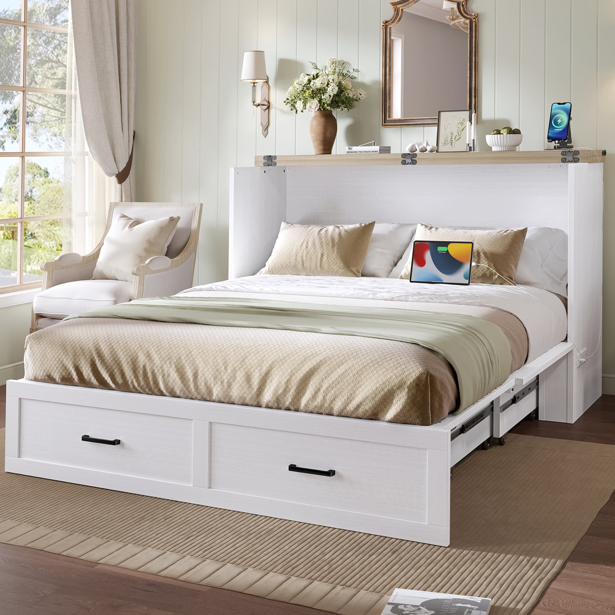 White Murphy bed cabinet from Anthony & Home's Elite Collection, featuring a sleek queen size design with cabinet storage.