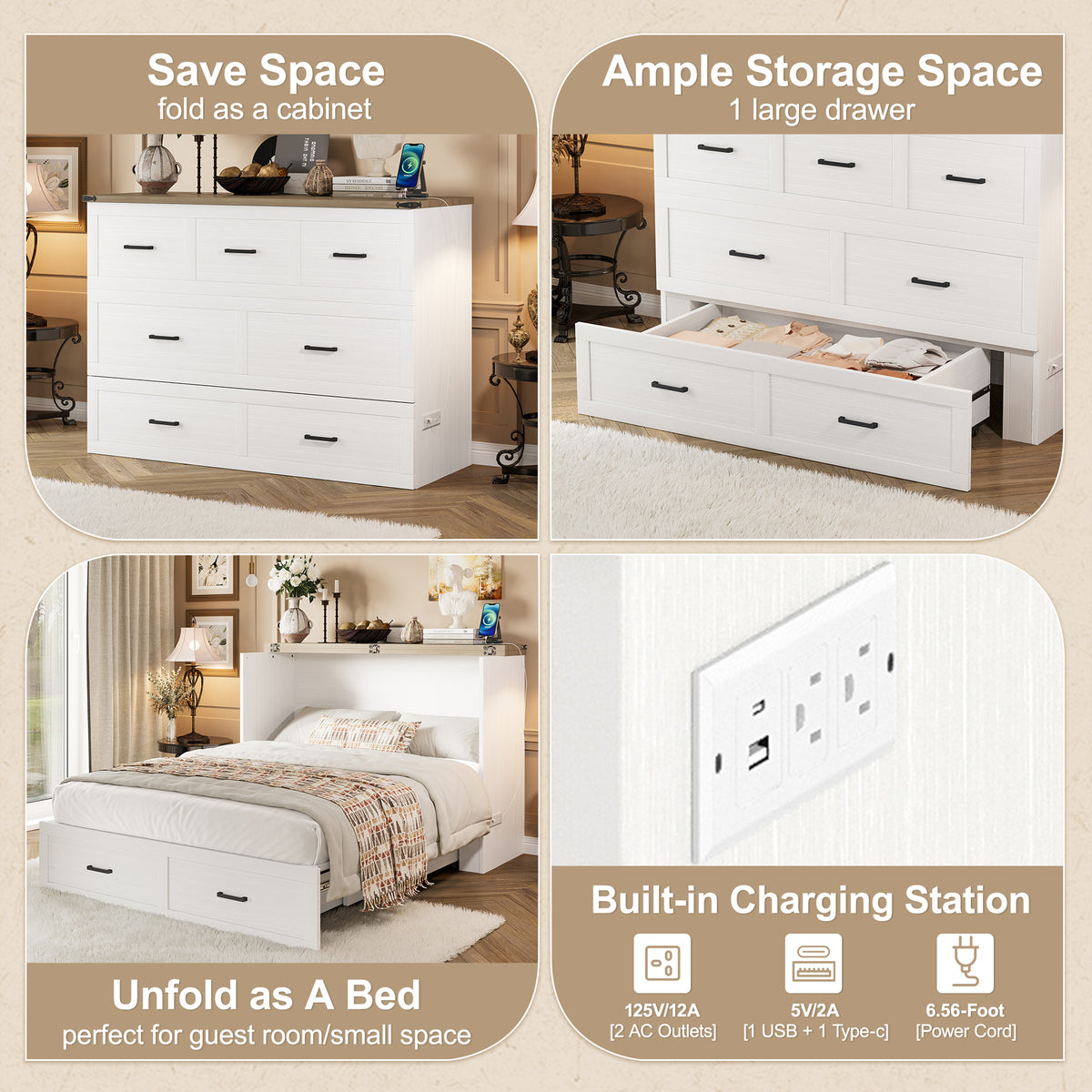 White finish Murphy bed cabinet in Queen size from Anthony & Home Elite Collection, featuring a sleek, modern design.
