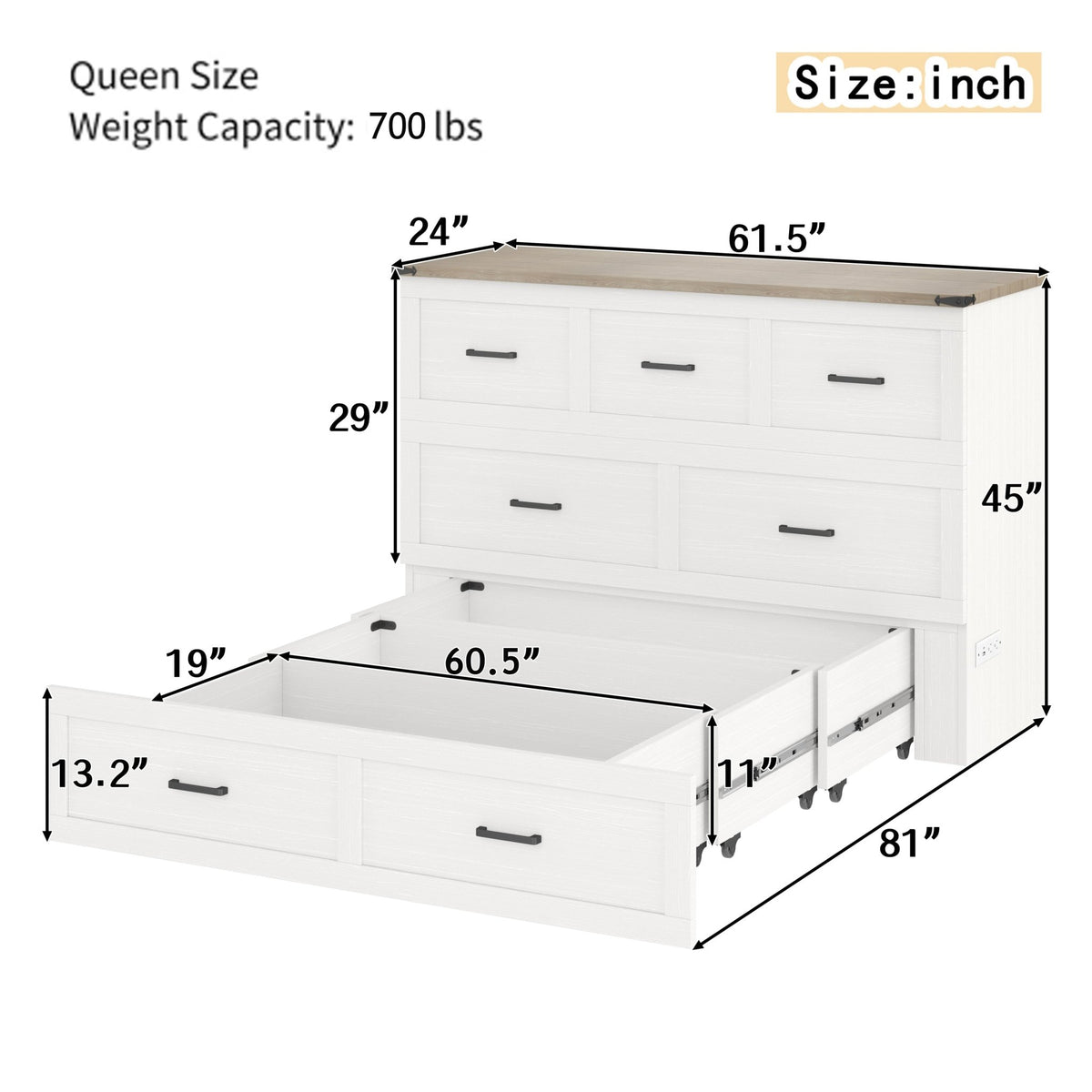 White finish Murphy bed cabinet queen size by Anthony & Home from the Elite Collection, with open and closed views.
