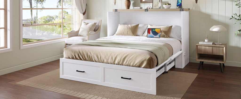 White finish Murphy bed cabinet from Anthony & Home Elite Collection featuring a queen-sized bed with sleek, modern design.