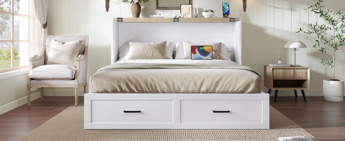 White finish Murphy bed cabinet in queen size from Anthony & Home Elite Collection, featuring a sleek, space-saving design.